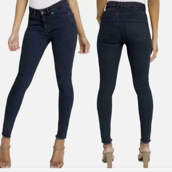 Good American Good Legs Frayed Hem Dark Wash Blue Skinny Jeans Size 0/25 - Picture 1 of 12